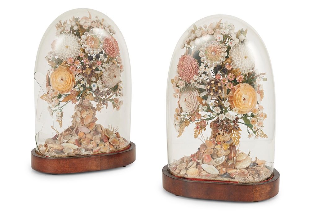 LOT 287 | PAIR OF SHELL-WORK FLOWER DISPLAYS IN DOMES | 19TH CENTURY | £300 - £500 + fees